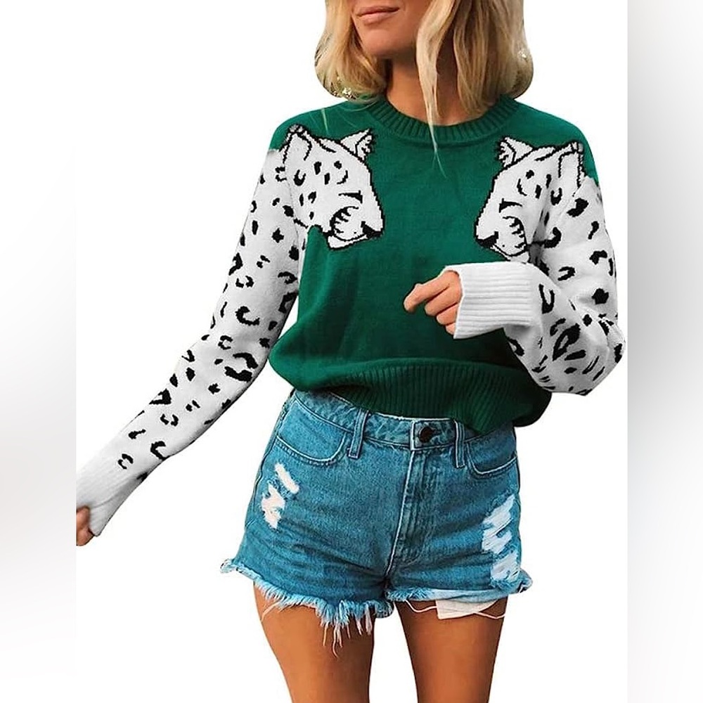 Avanova Women's Leopard Sleeve Crew Neck Knitted Pullover Sweater Size Large